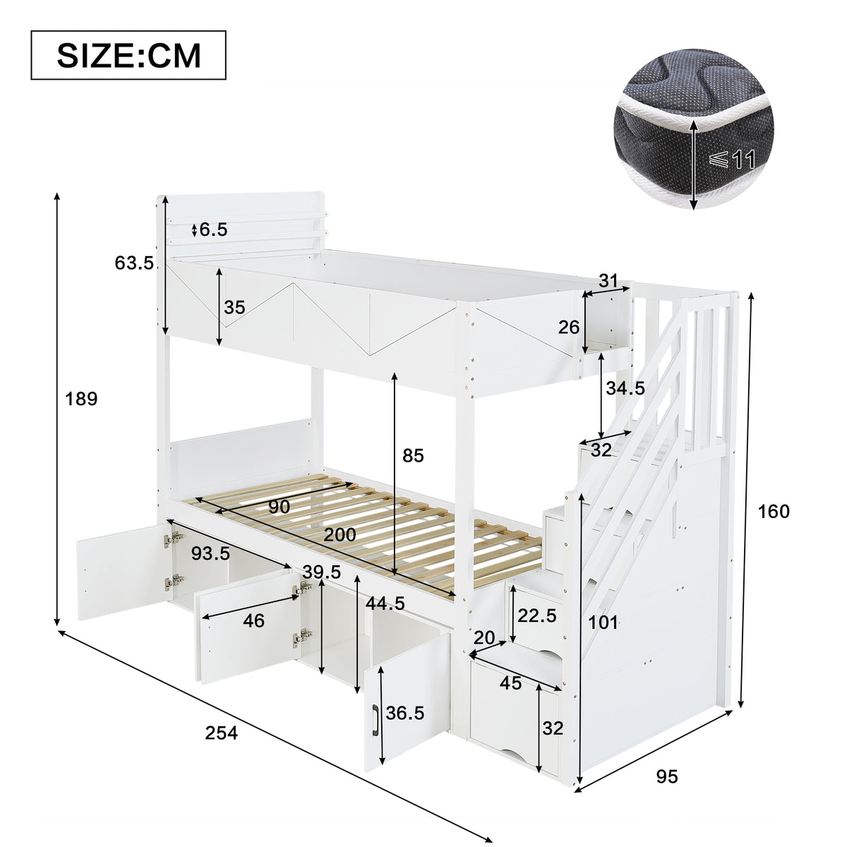Bunk Bed 90x200 cm with Storage Stairs & Bookshelf, White