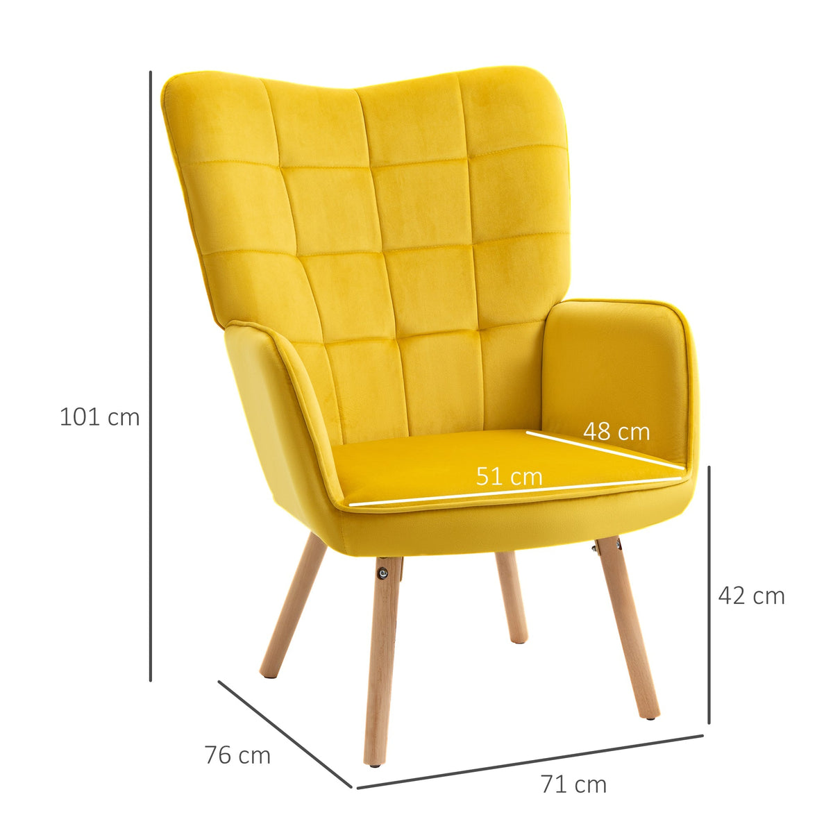 Armchair Wingback, Wooden Frame Lounge, Yellow Velvet