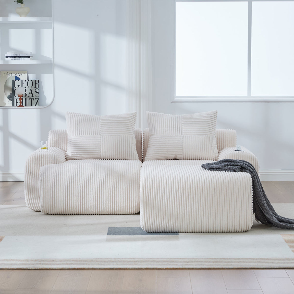 Modular Corduroy Sofa for 2 People with Ottomans, Cup Holder and Side Pocket, Beige