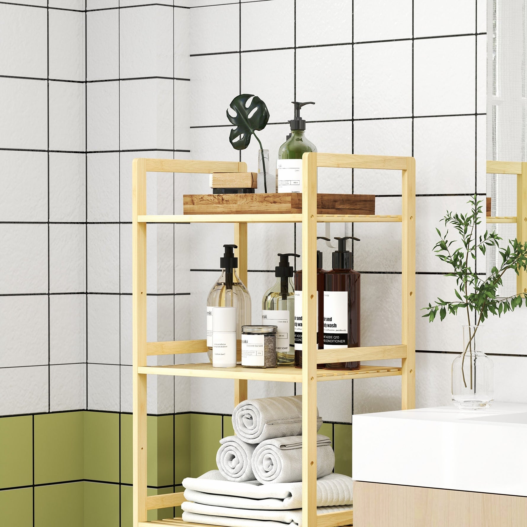 Bathroom Shelf, 5-Tier Storage Rack, Adjustable, Natural Wood