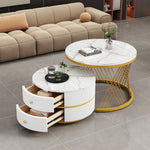 Coffee Table Set Nesting 2-Piece Round Marble Look, 2 Drawers, White