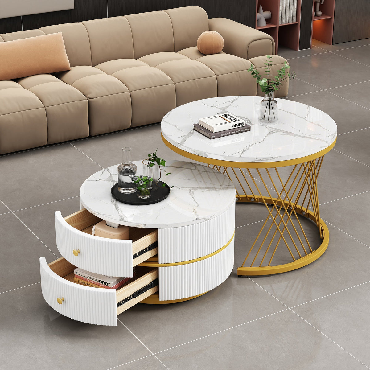 Coffee Table Set Nesting 2-Piece Round Marble Look, 2 Drawers, White
