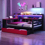 Multifunctional Wooden Sofa Bed with Desk, Bookshelf, Lighting and Sockets, 90x200cm, Black and Red Wood