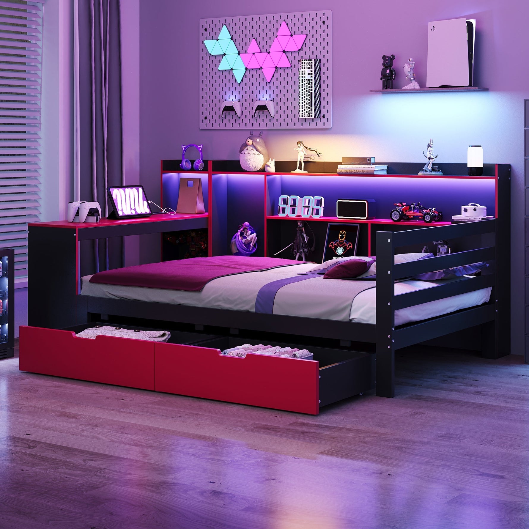 Multifunctional Wooden Sofa Bed with Desk, Bookshelf, Lighting and Sockets, 90x200cm, Black and Red Wood