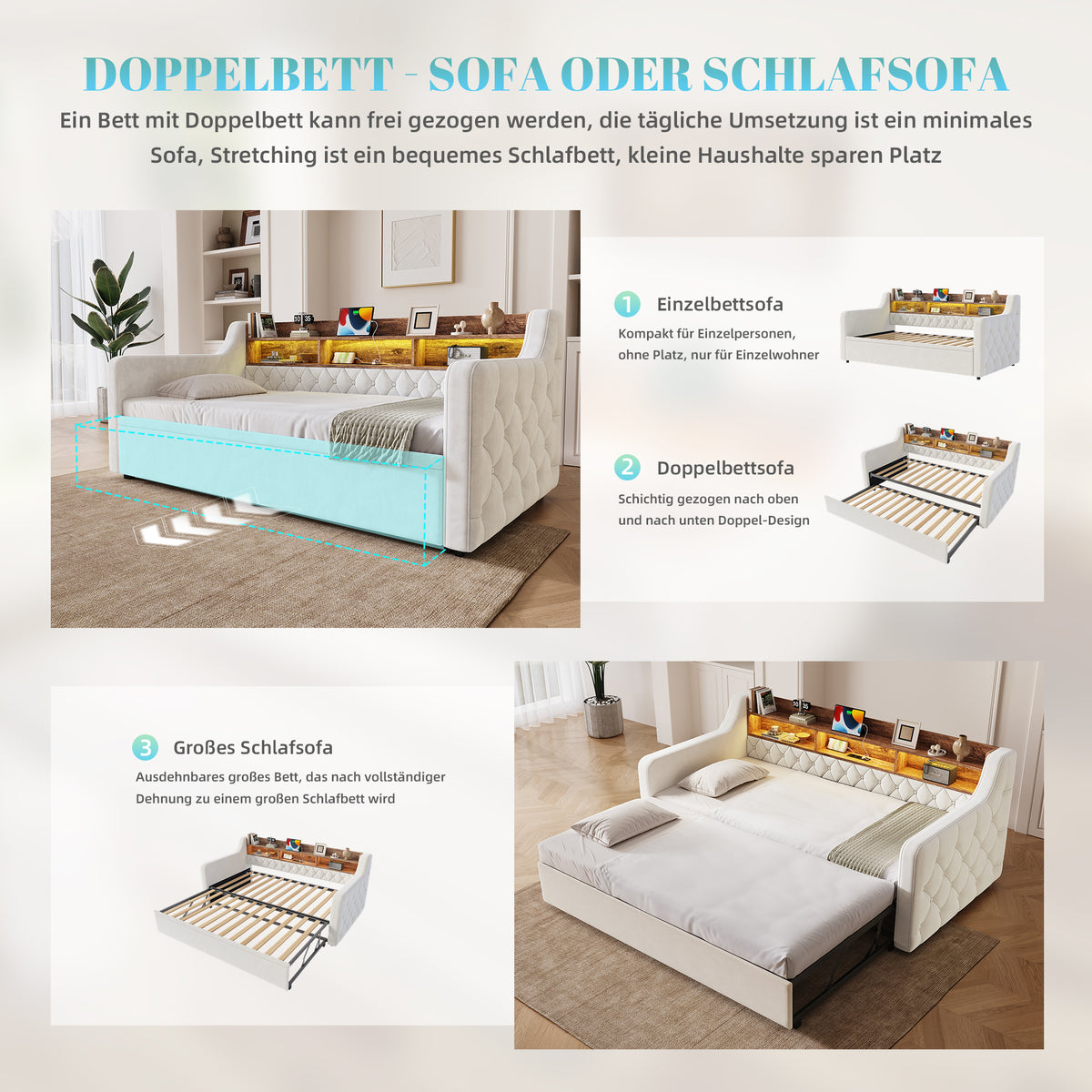 Sofa Bed 90x190cm with Trundle, Storage & LED, Beige Velvet