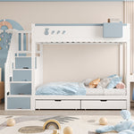 Bunk Bed for Children 90x200cm Double Bed Ladder Storage Drawers Rabbit/Carrot Motifs White + Blue