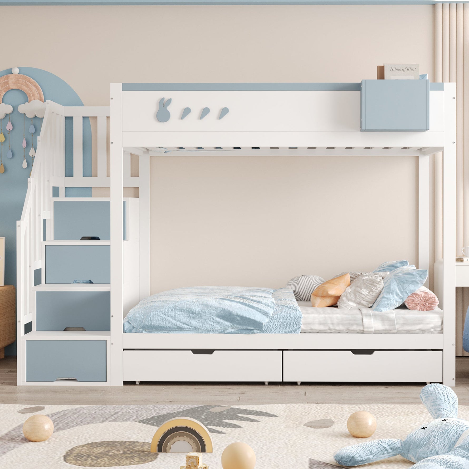 Bunk Bed for Children 90x200cm Double Bed Ladder Storage Drawers Rabbit/Carrot Motifs White + Blue