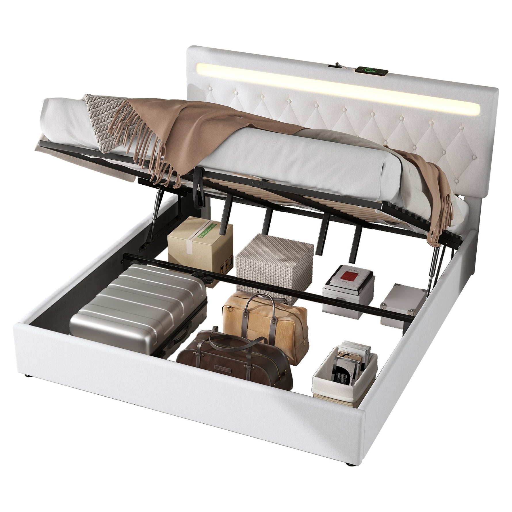 Upholstered Bed 180x200cm Hydraulic Storage LED USB - White