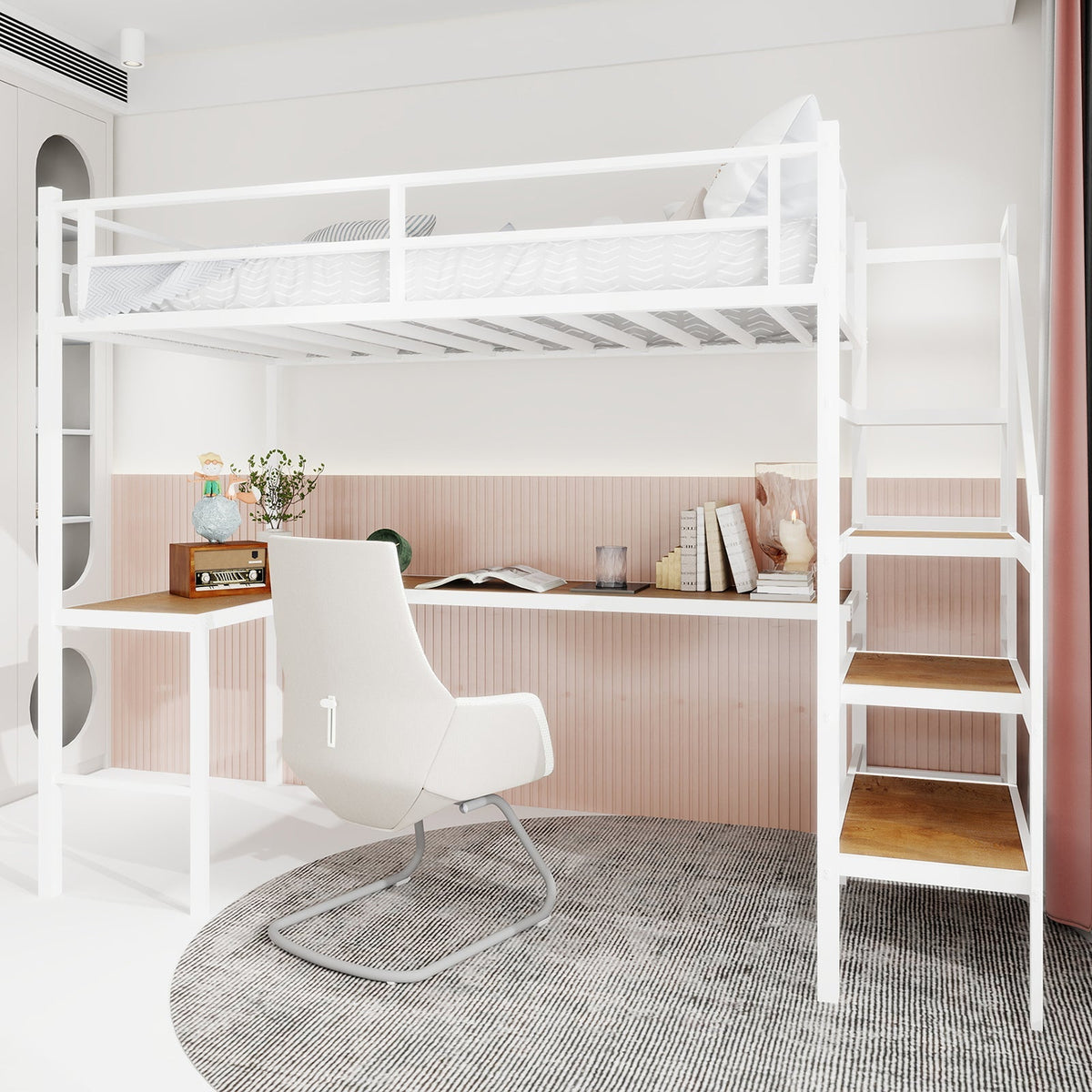 Loft Bed, L-Shaped Desk, Storage & Stairs, Sturdy Frame