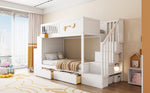 Bunk Bed with Storage Drawers, Safety Stairs, Desk and Star Motif, 90x200cm Solid Pine Wood, White