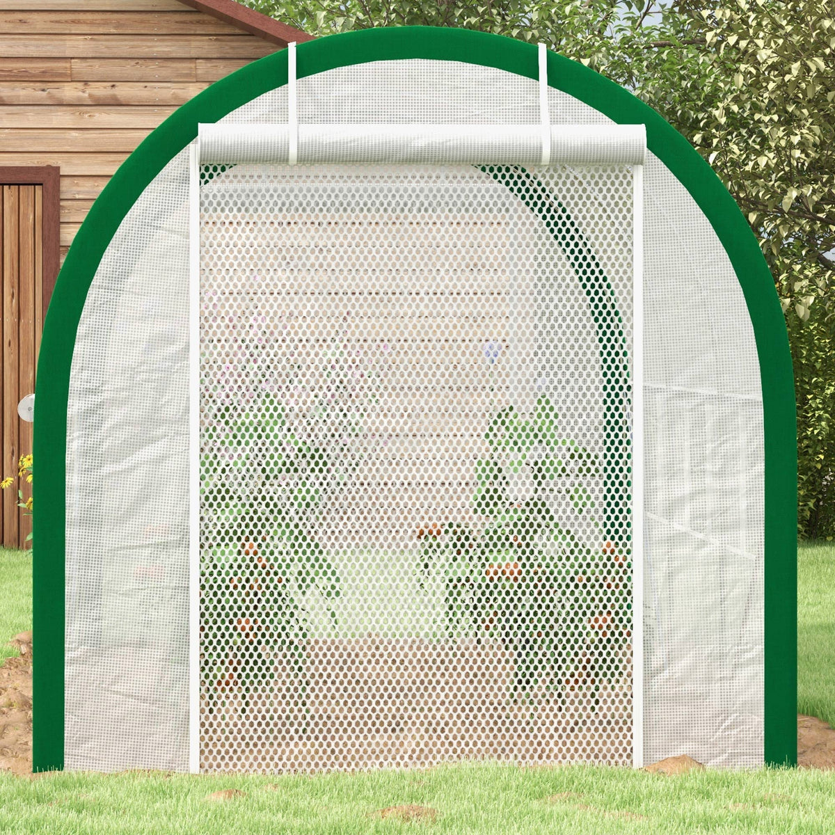 Foil Greenhouse Tunnel, 3.58 x 2.1 x 2.1 m Roller Door, Galvanized Steel, White