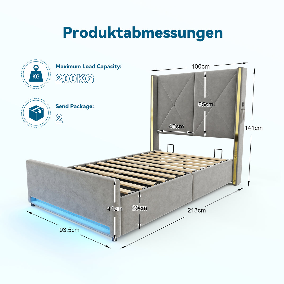 Storage Bed 90x200cm with LED, USB & Hydraulic Storage, Velour