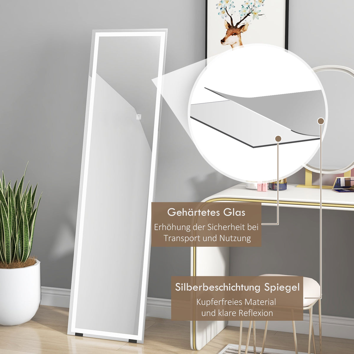 Full Length Mirror, 40x150cm LED Standing Wall, White