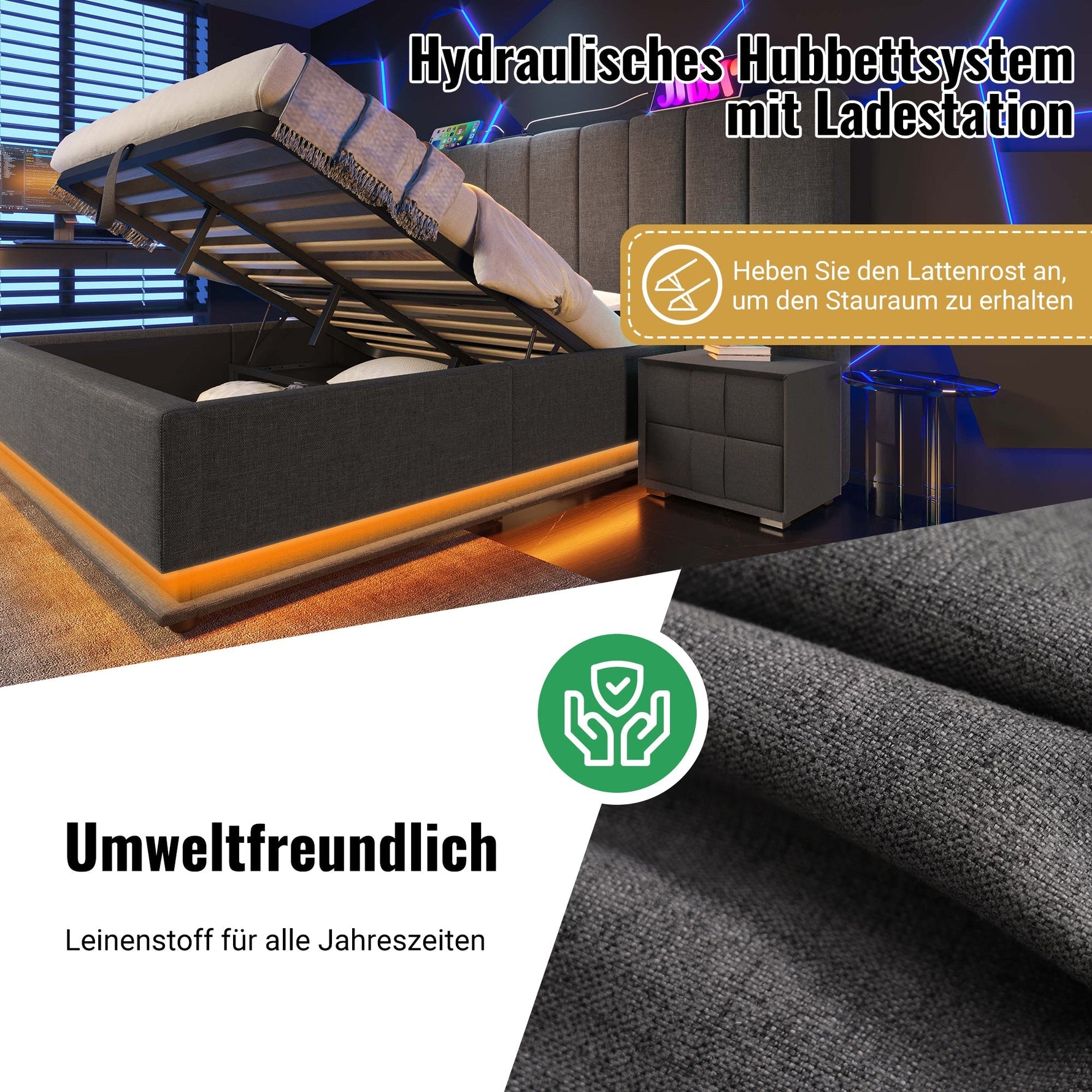 Upholstered Bed 180x200 Storage LED/USB-C Slatted Base, Linen Grey