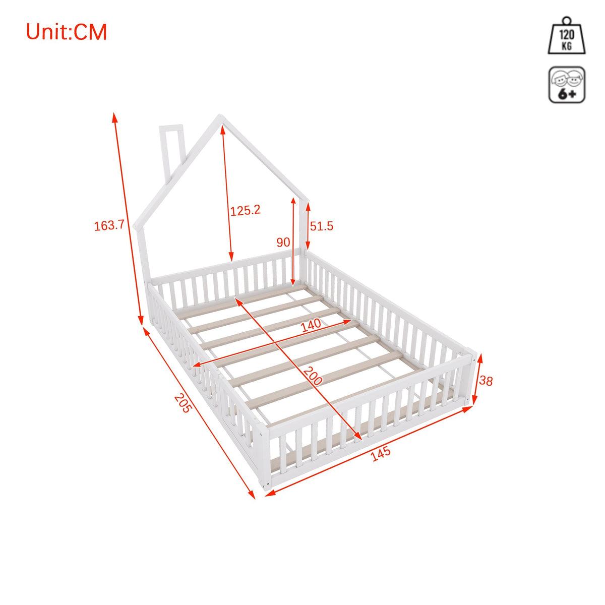 Children's House Bed 140x200cm Chimney Shape Slatted Base Pine Wood White