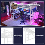Loft Bed 90x200cm with Desk, LED Lights & Drawers, White