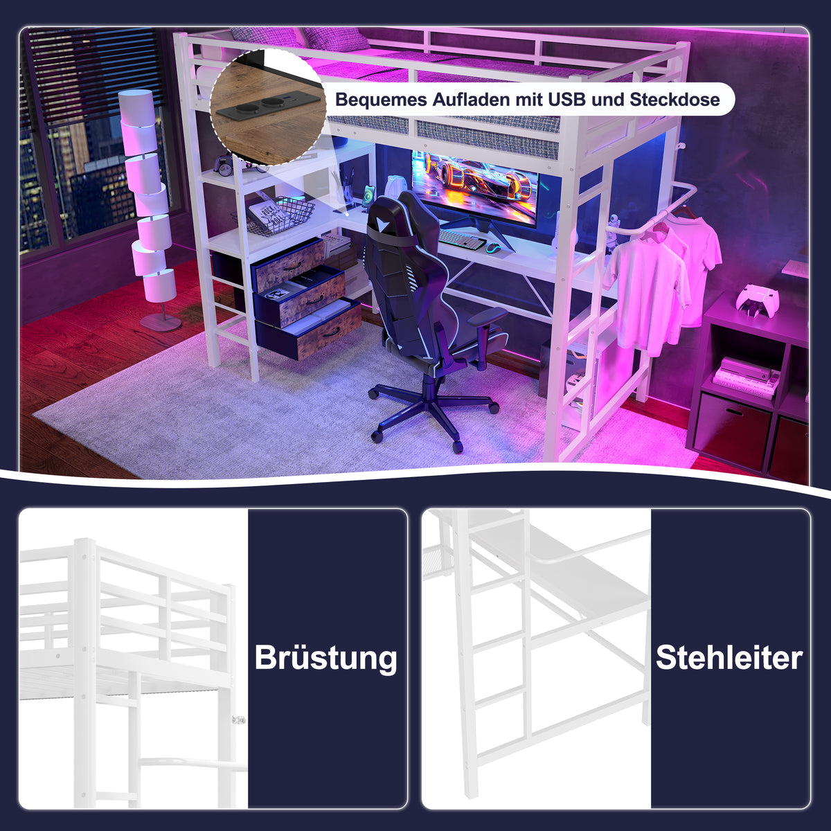 Loft Bed 90x200cm with Desk, LED Lights & Drawers, White