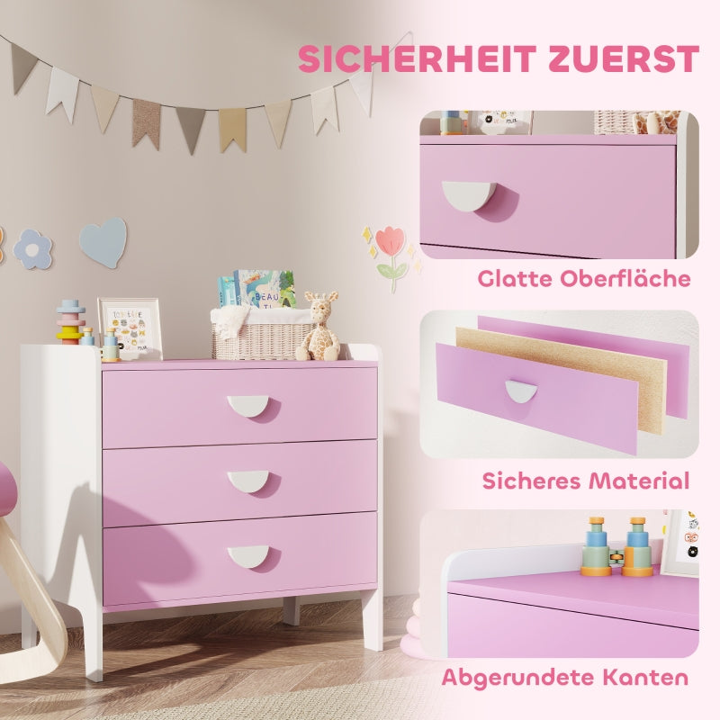 Children's Chest of Drawers, 3-Drawer Storage Cabinet, Pink+White MDF