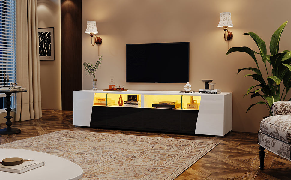 High-Gloss TV Stand 180cm LED 2 Drawers 2 Cabinets For 80 Inch TV - White/Black