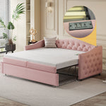 Upholstered Bed Pull-out Sofa Bed with USB Port, Pink Linen Fabric