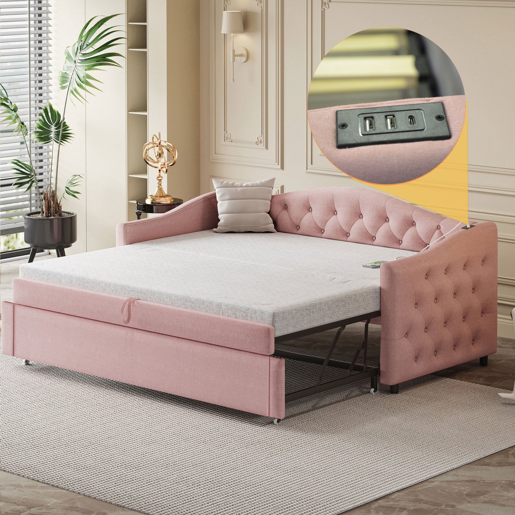 Upholstered Bed Pull-out Sofa Bed with USB Port, Pink Linen Fabric