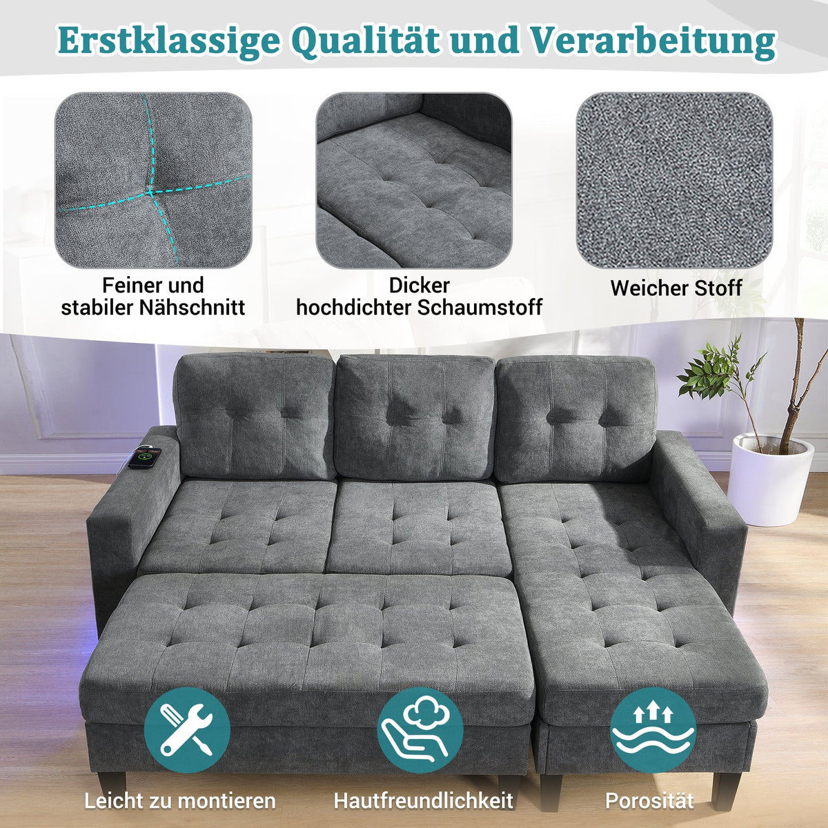 L-Shaped Sofa Set, Multifunctional with Movable Footstool & LED Lighting, Modern Modular