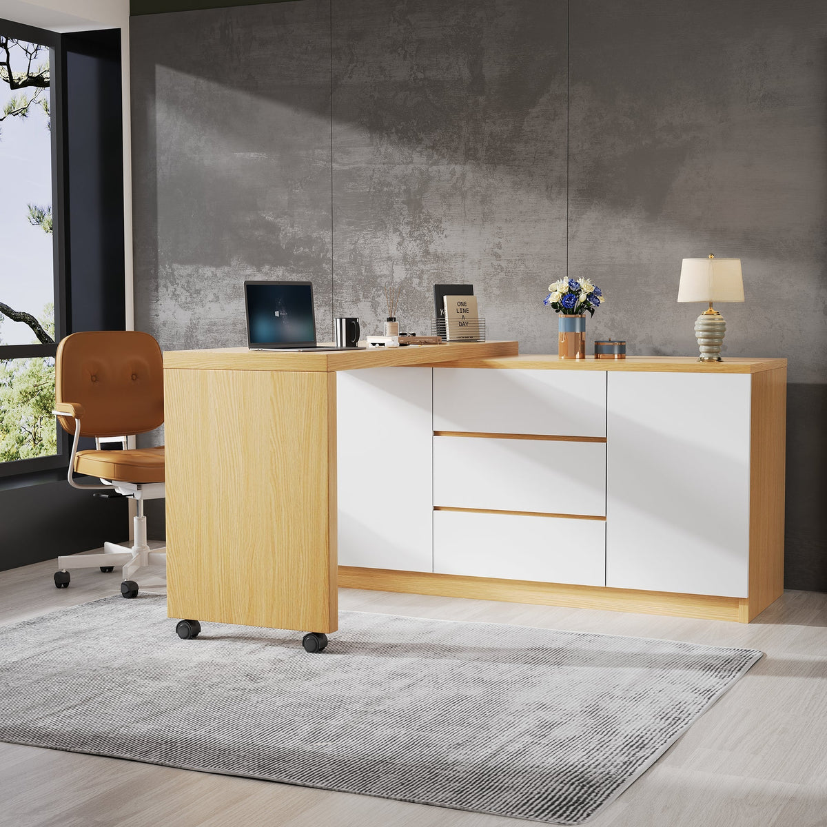 Desk, Multifunctional Rotating, Lockable Casters, White/Oak