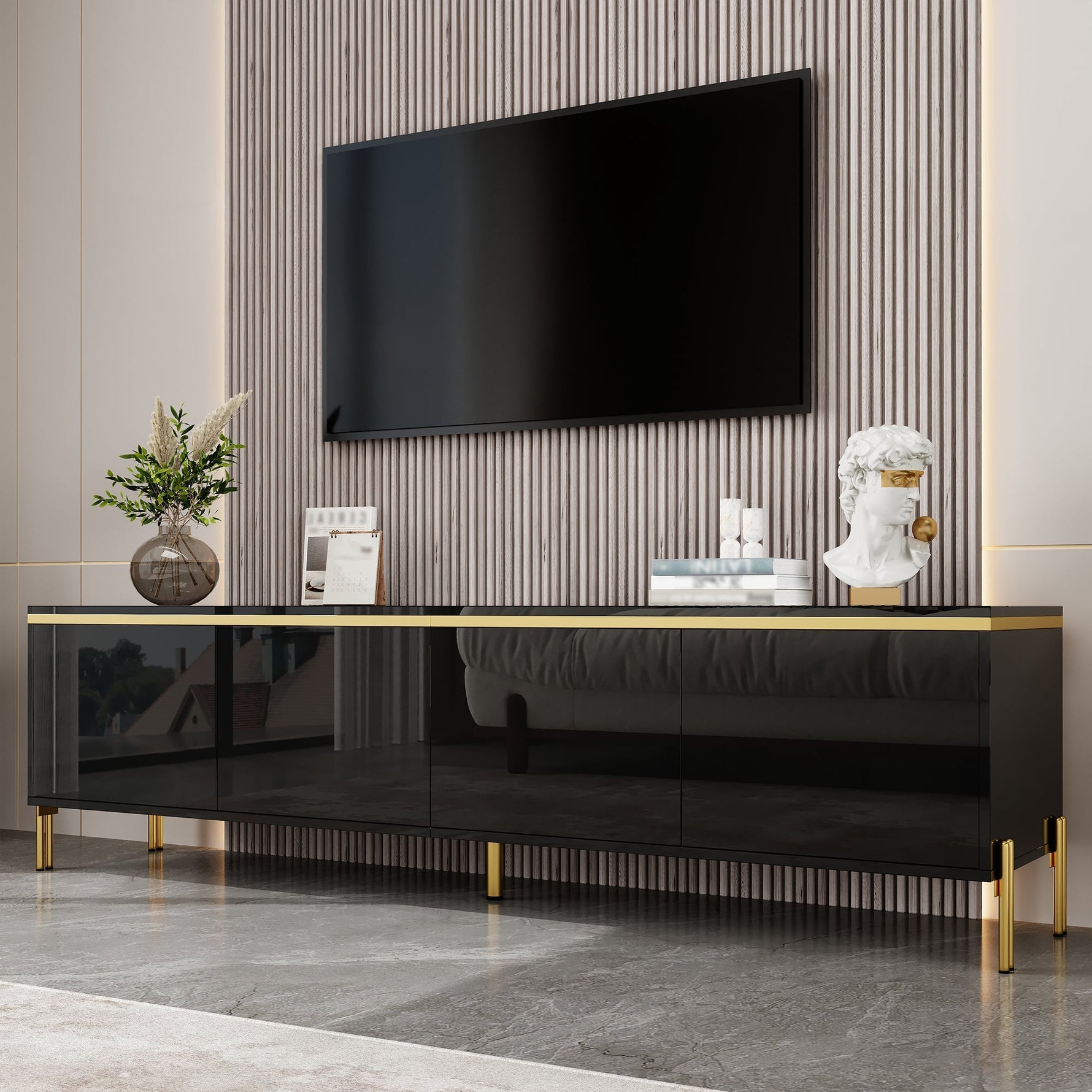 TV Stand Modern High-Gloss Storage 4 Doors Gold Trim