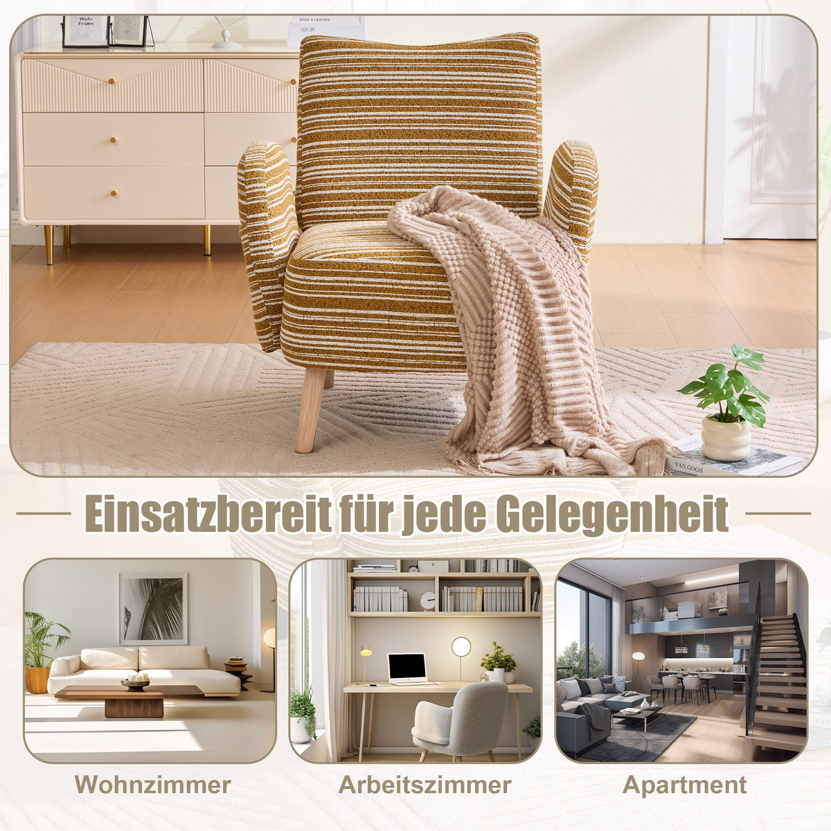 Armchair Modern Circular Pattern Side Pocket Solid Wood Legs - Fabric