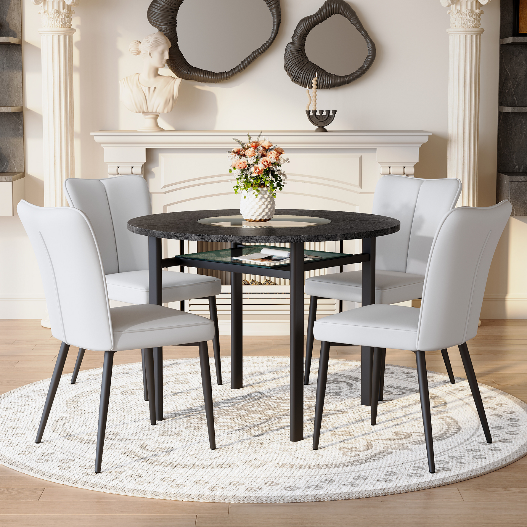 Round Table Set Modern Minimalist 100cm 4 Armchairs - Black/Light Grey PU