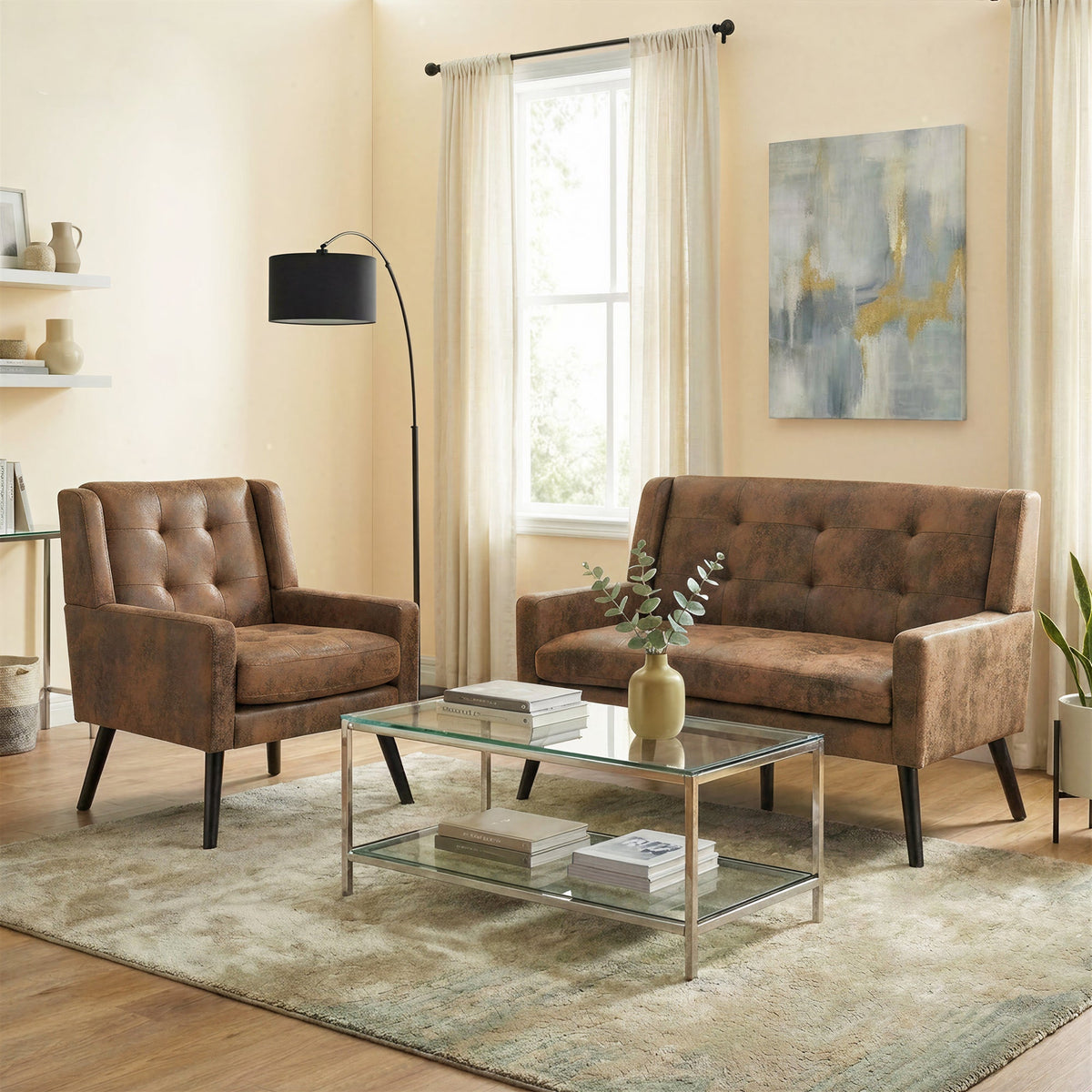 2-Piece Accent Armchair Set with High-Density Foam and Solid Wood Legs, Durable Fabric