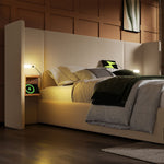 Upholstered Double Bed 160x200, with Bedside Table, Reading Lamp, USB-C, Storage, Solid Wood & Metal Frame, Beige Linen