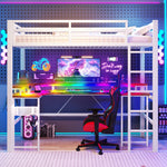 Loft Bed with Desk and LED Lights, USB Ports and Pegboard, White Iron Frame
