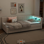 Daybed 90x200cm with Trundle, Storage & LED, Beige Linen