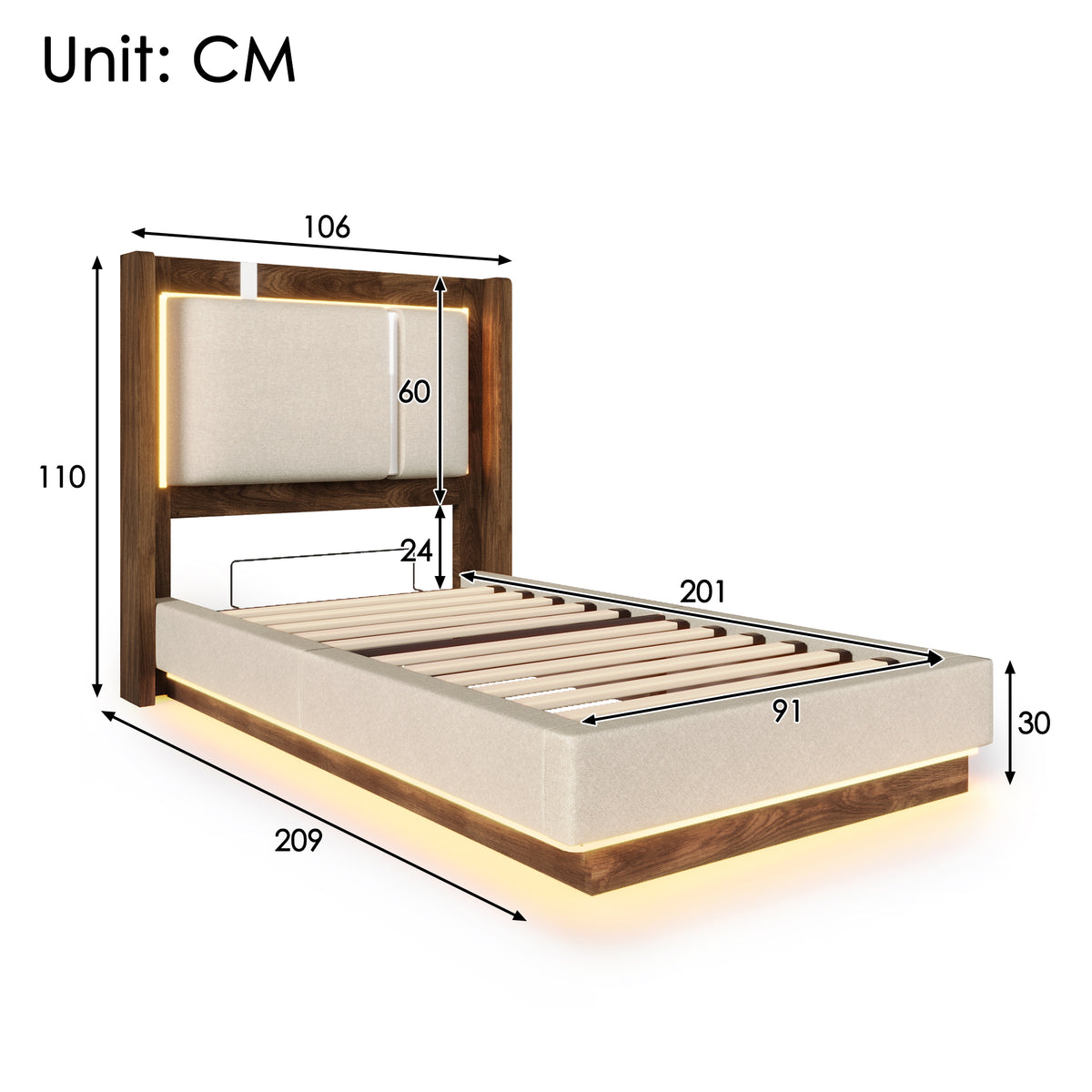Youth Upholstered Bed 90x200 LED Bed Box - Linen Beige & Walnut