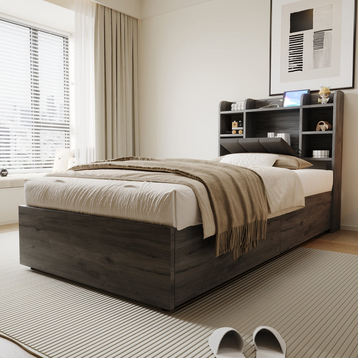 Wooden Bed, 90x200 cm Hydraulic with Storage & USB/Type-C, Grey