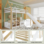 Bunk Bed with Slide & Ladder, Roof Shape, Pine + MDF + Plywood, White + Natural