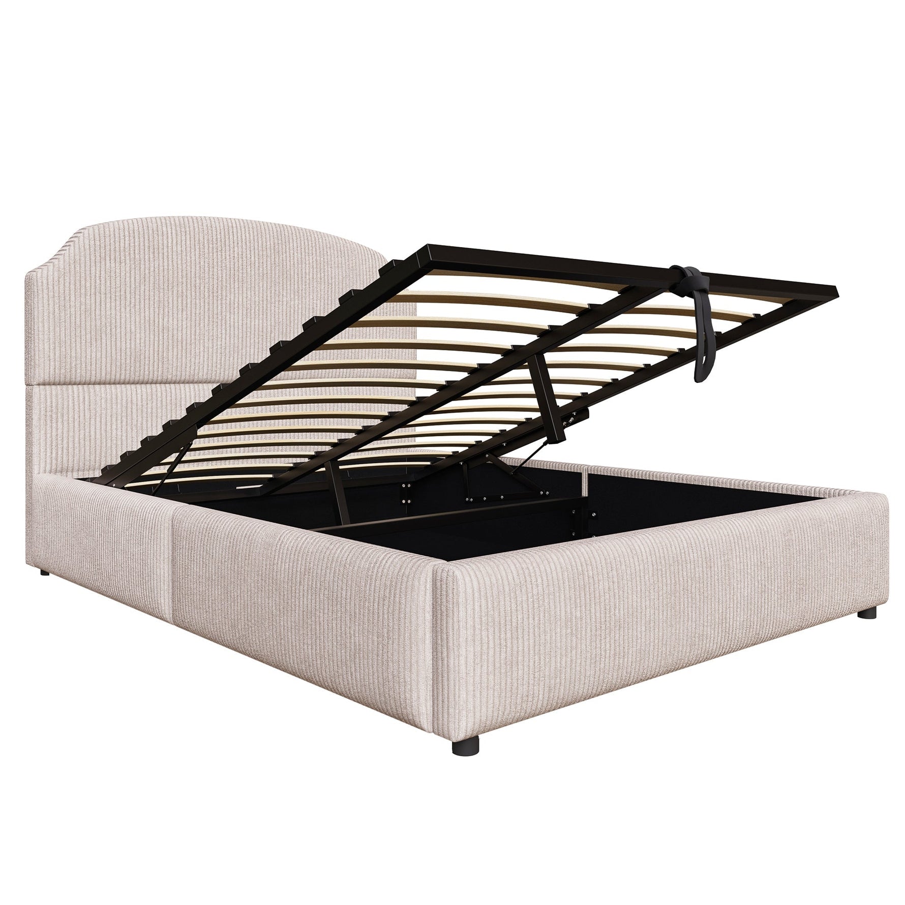 Upholstered Double Bed 140x200 with Hydraulic Storage and Wide Headboard, Beige Striped Plush