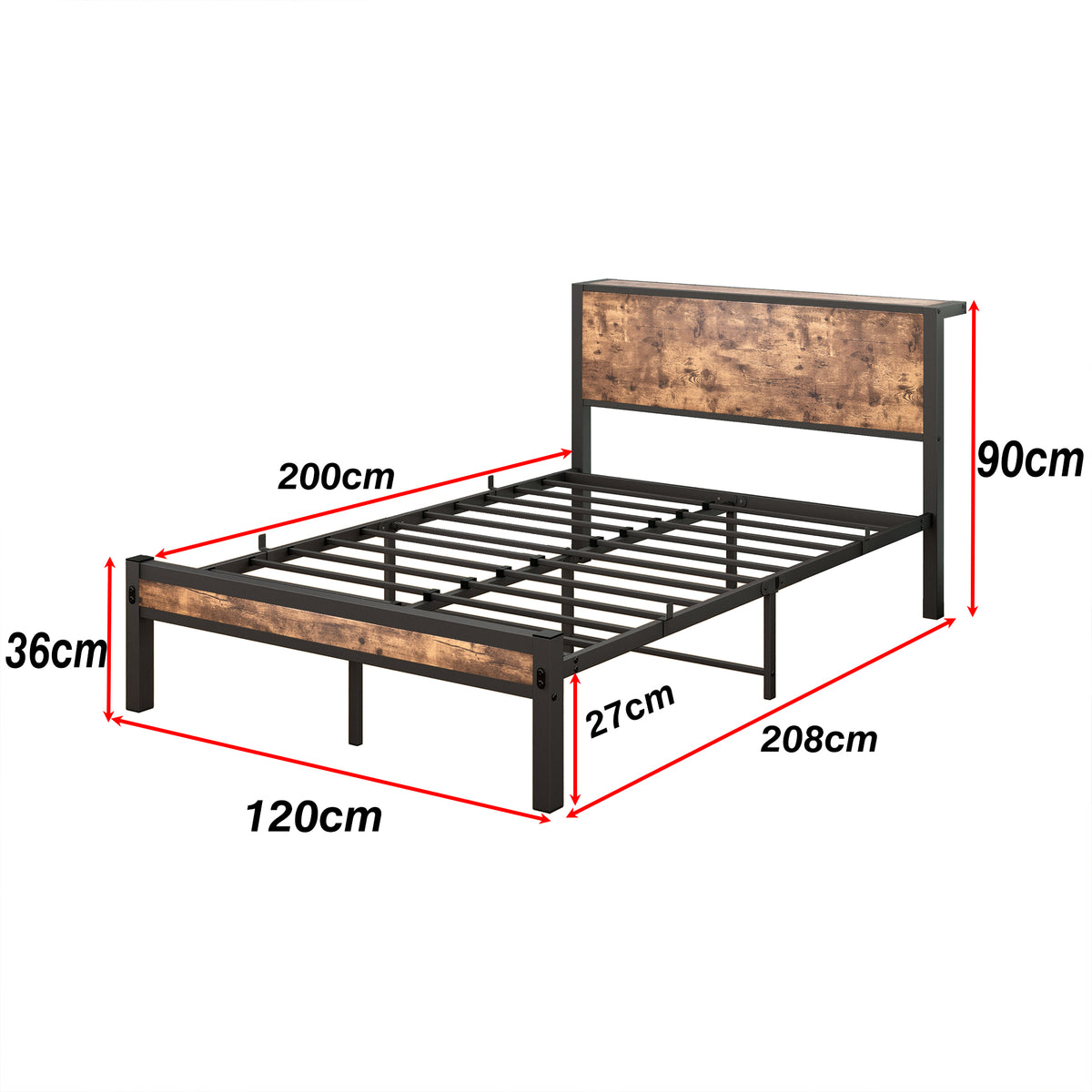 Metal Platform Bed Frame 120x200cm Storage Headboard, Vintage Brown