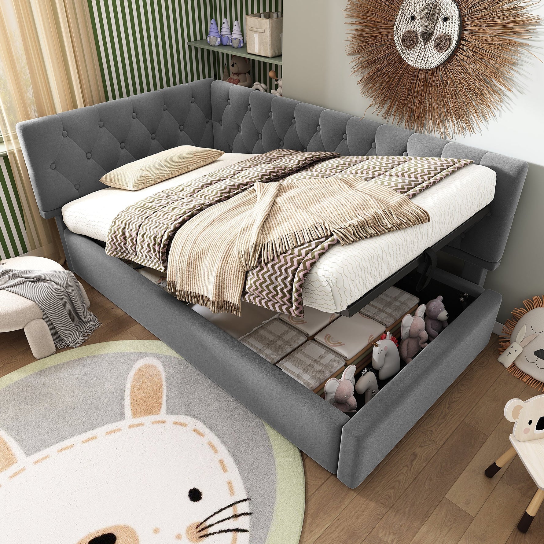 Upholstered Day Bed, 90x200cm Sofa Bed with Hydraulic Storage, Velvet Gray
