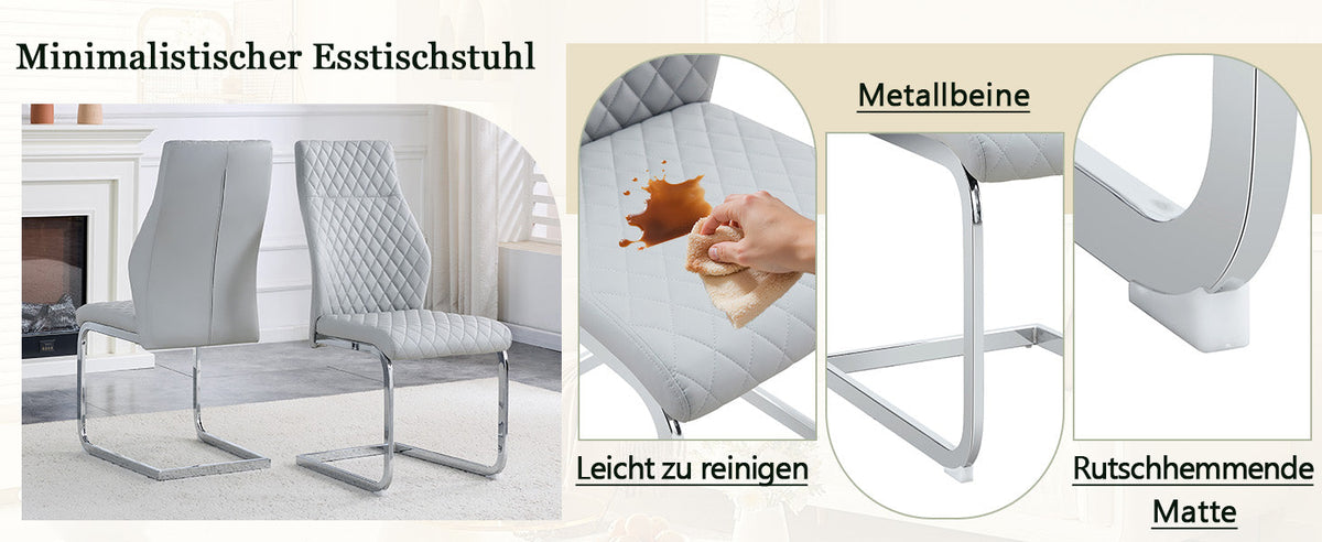 Dining Chairs Set of 2 with High Backrest and Diamond Pattern, Light Grey PU Leather