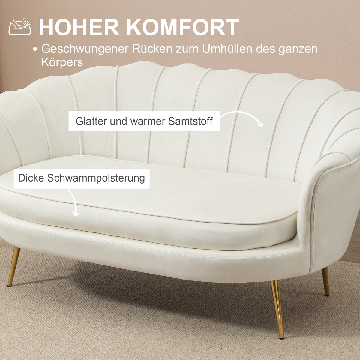 2-Seater Sofa Loveseat Upholstered Armrests Velvet Cream