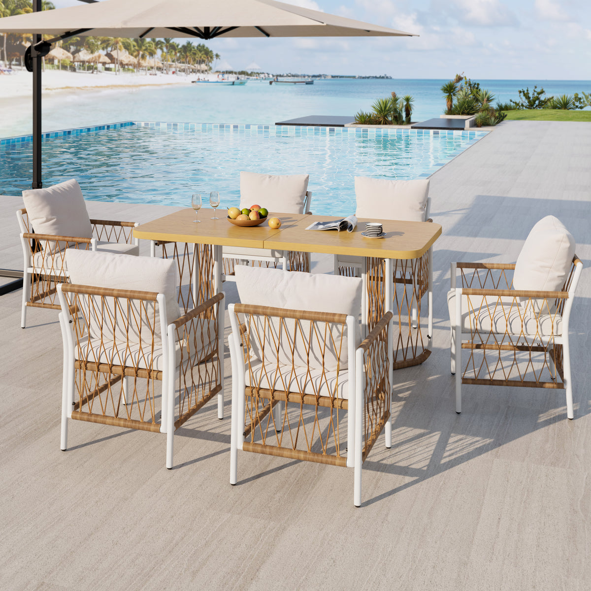 Modern Outdoor Patio Set with Cushions & Woven Armrests, Iron