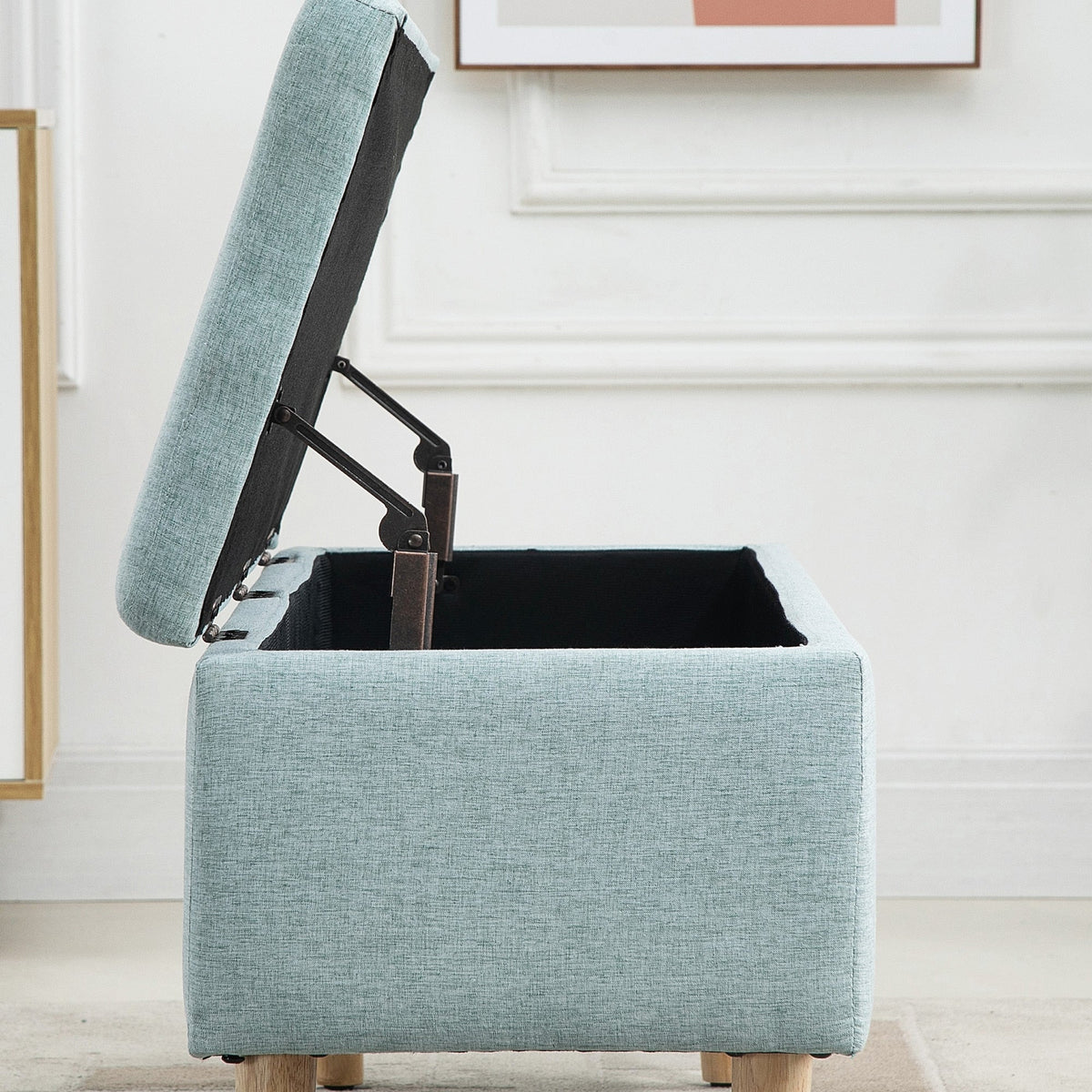 Light green upholstered bench with storage 110x39x45cm, linen-like polyester and rubber wood