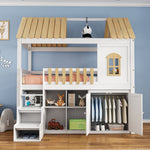 Bunk Bed with Wardrobe & Shoe Rack 90x200cm, White & Natural Pine