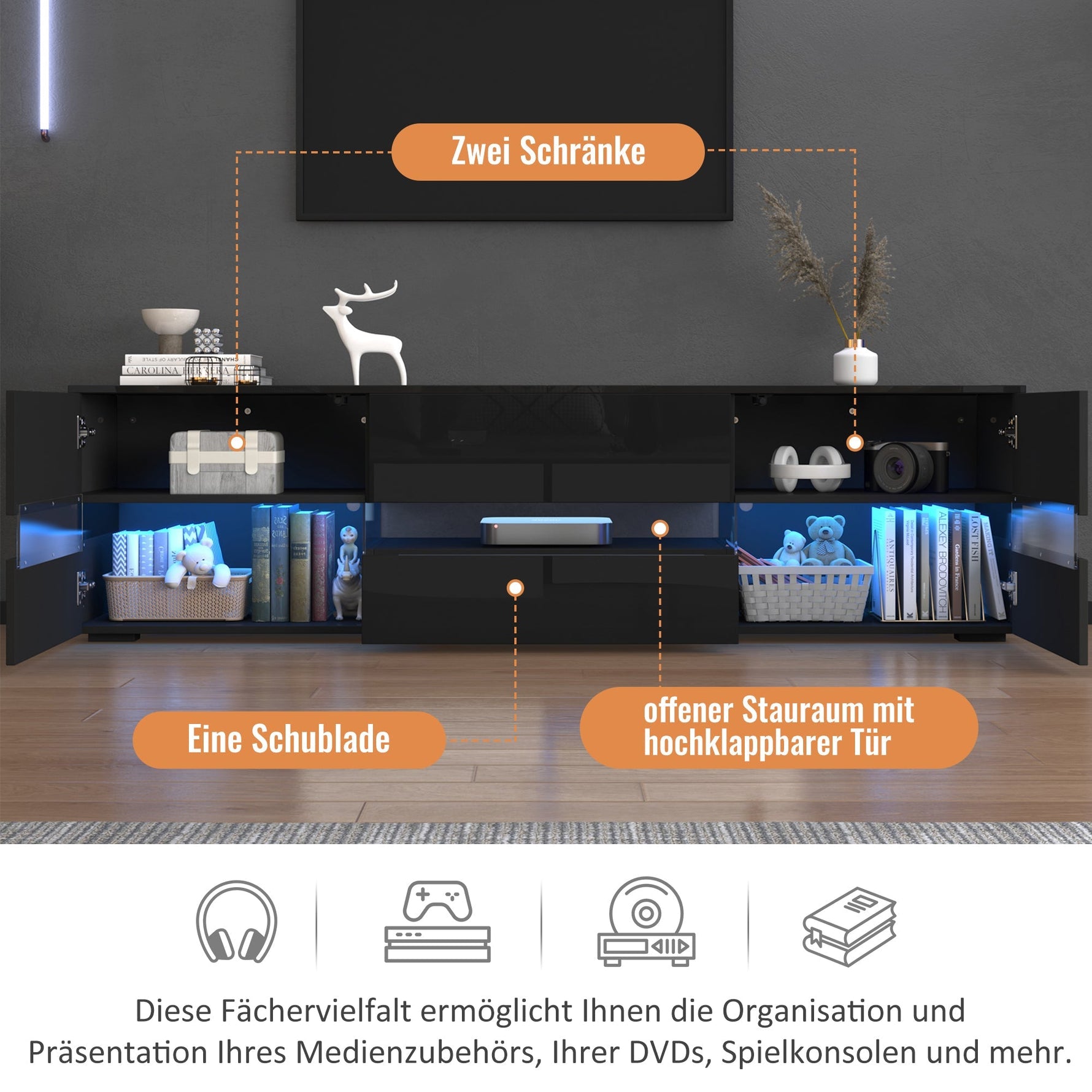 Modern High-Gloss TV Cabinet 160x39x45cm LED 2 Doors 1 Drawer - Black