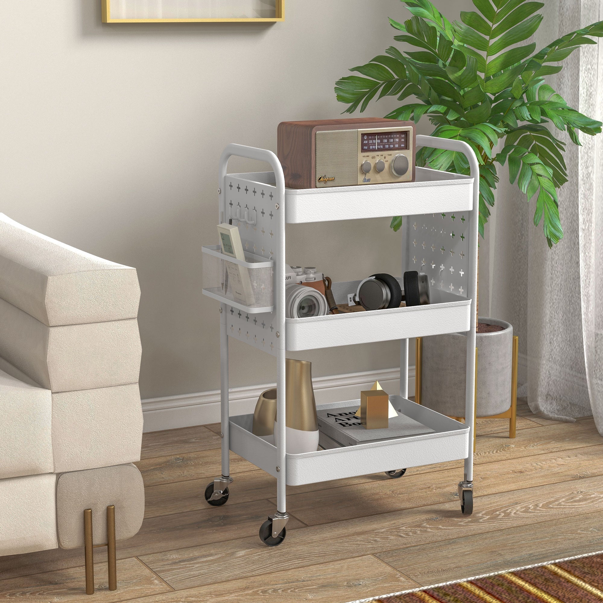 Rolling Cart, 3 Tiers, 2 Hanging Baskets, Steel, White