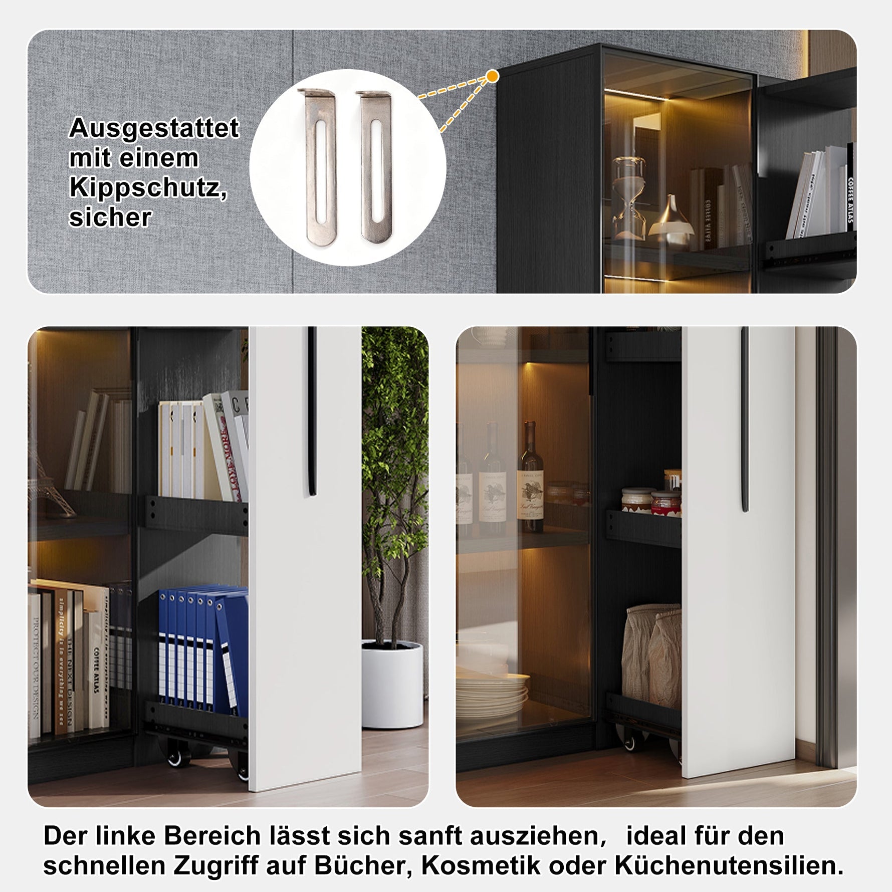 Multifunctional Cabinet with Glass Door, LED Lighting and Side Drawer, Black MDF