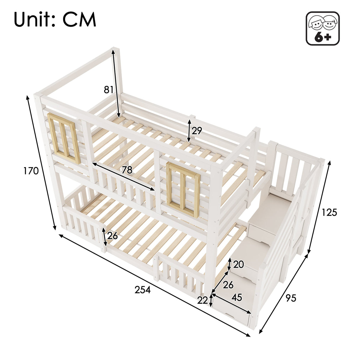 Bunk Bed with Cabin Style Windows and Staircase Cupboard, 90x200cm, White Wood