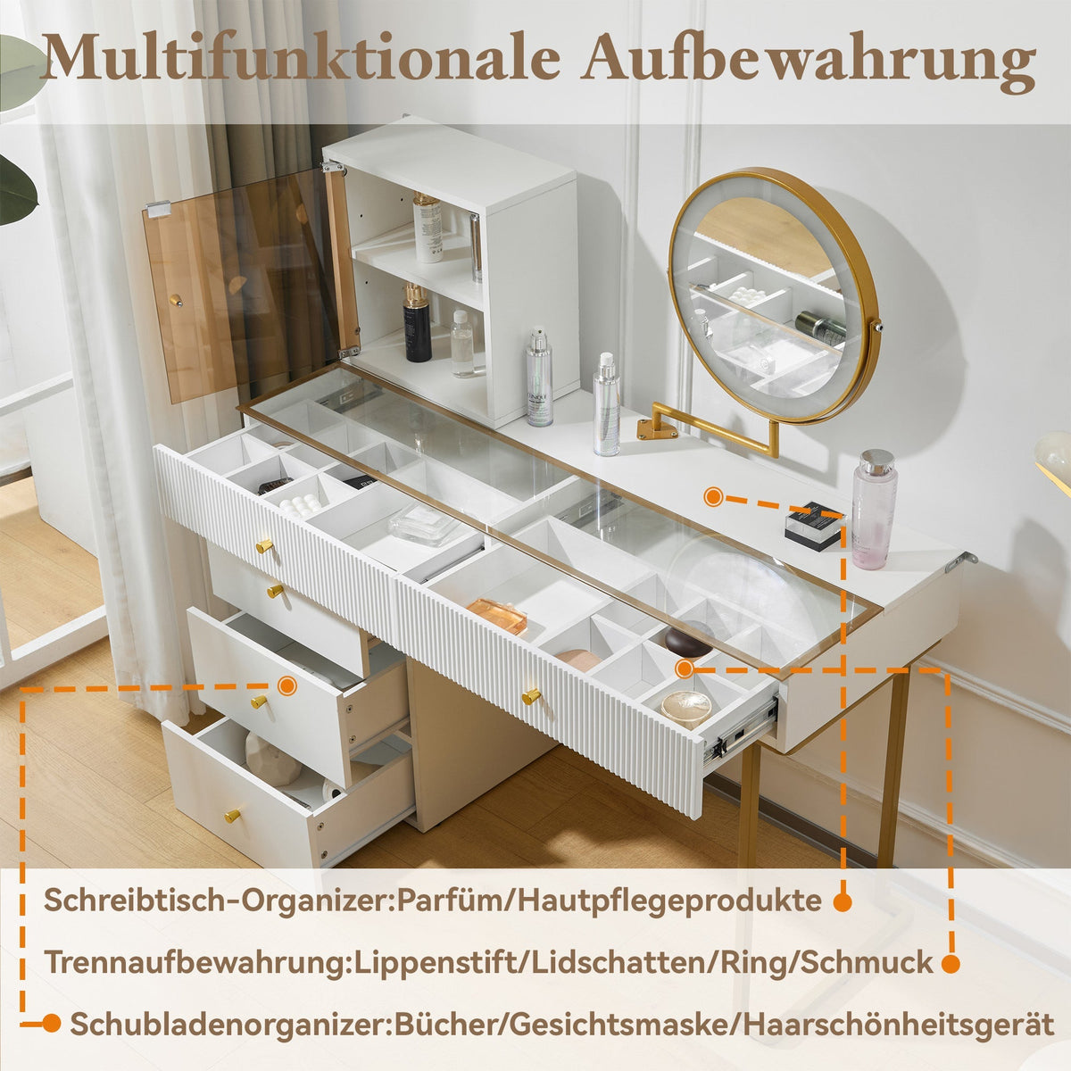 Dressing table set with LED-illuminated mirror, transparent tempered glass tabletop, side cabinet, white